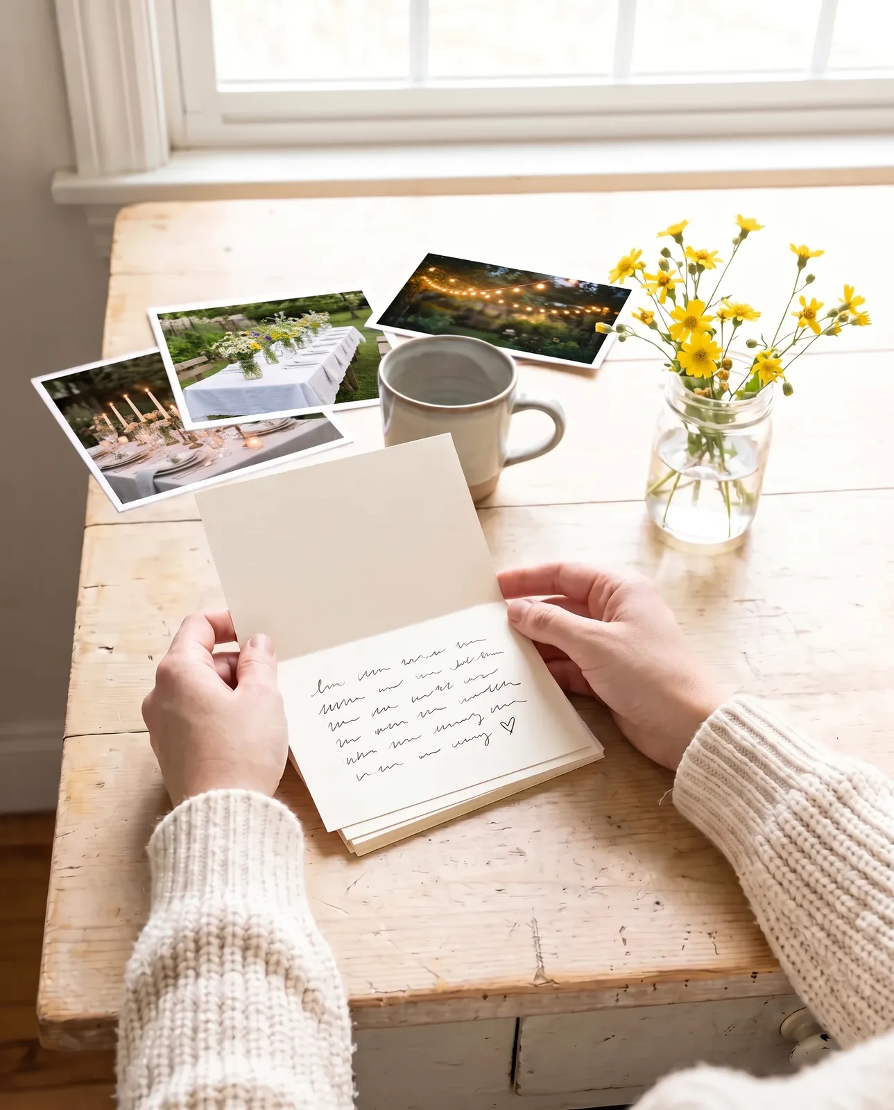 Zwei Hände schreiben am hellen Holztisch eine Dankeskarte, daneben Fotos und gelbe Blumen