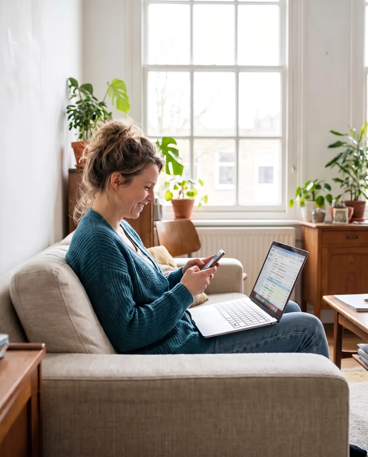 Eine Frau schreibt auf dem Sofa mit Smartphone und Laptop Anbieter für ihr Fest an