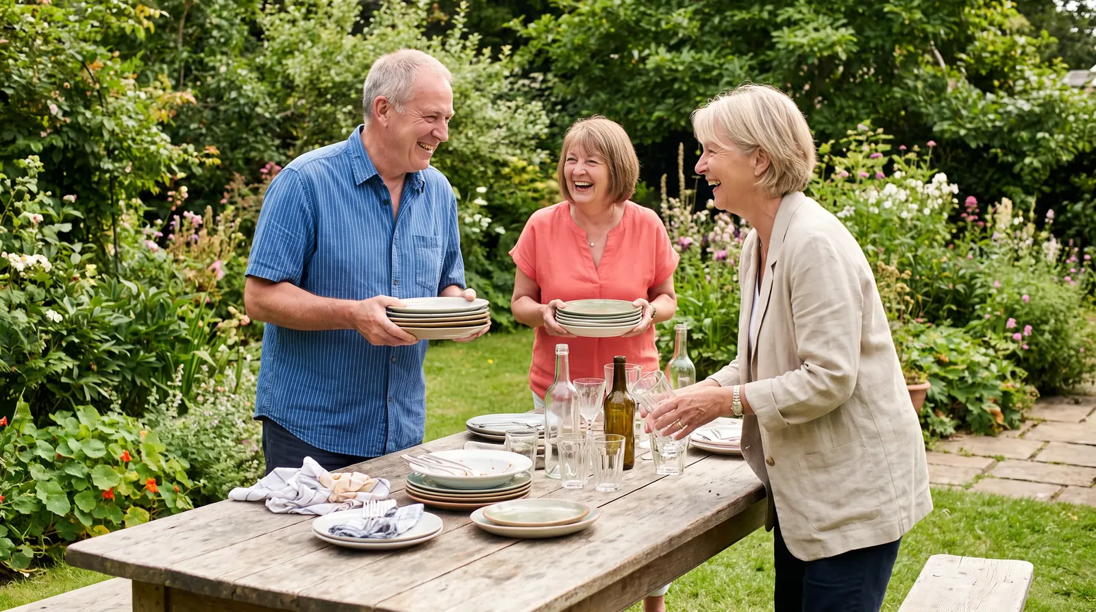 Drei Gäste räumen nach dem Fest lachend Teller und Gläser von einem Gartentisch ab