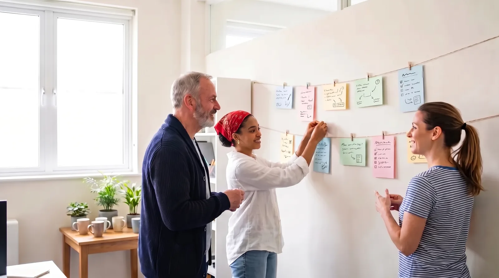 Ein kleines Team hängt leere Karten als Zeitstrahl an die Wand, um ein Event planen zu können
