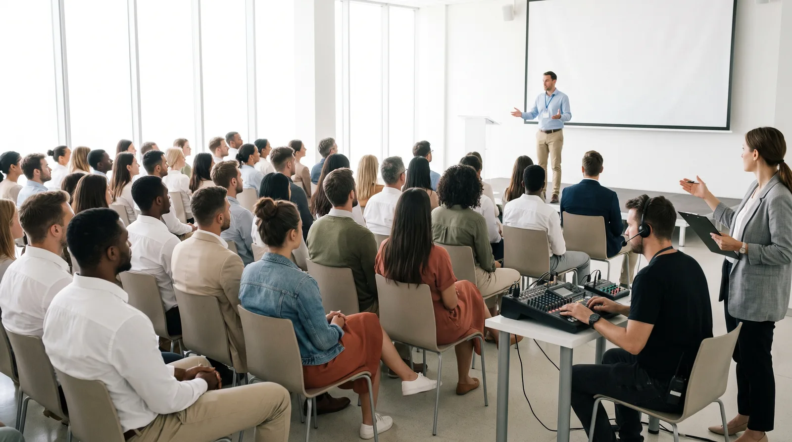 Vortrag vor vollem Saal, am Rand steuert die Eventagentur Ton und Ablauf