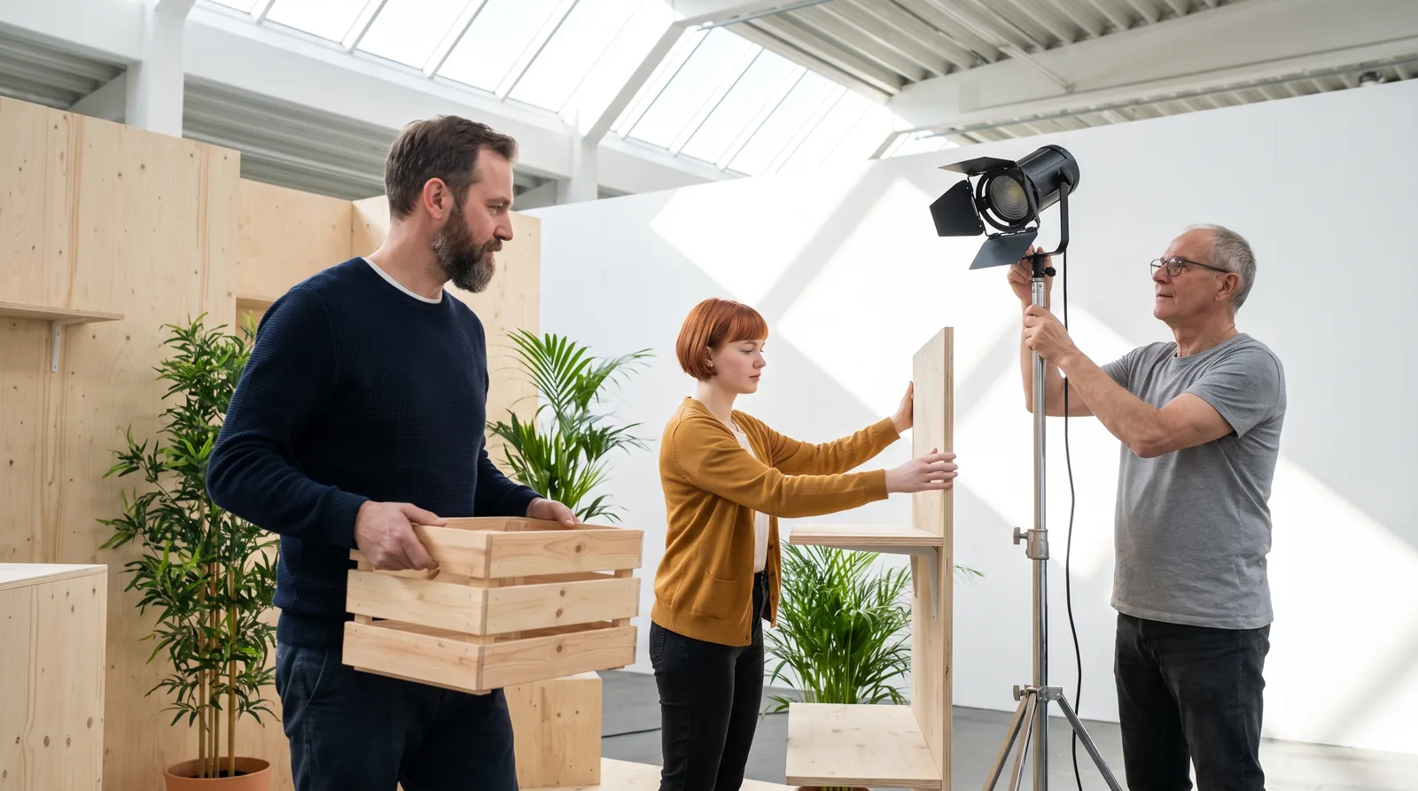 Team einer Eventagentur baut einen Messestand aus hellem Holz auf und richtet einen Scheinwerfer aus
