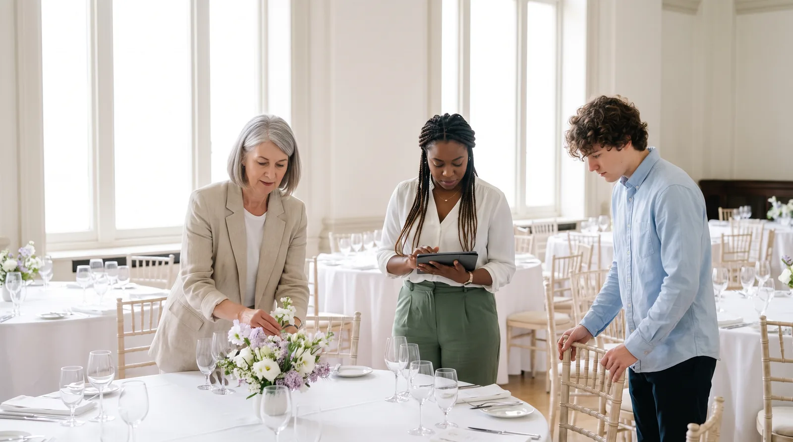 Drei Mitarbeitende einer Eventagentur decken runde Tische für ein Galadinner in einem hellen Saal ein