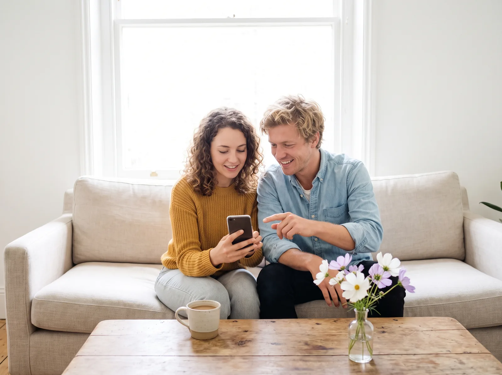 Paar plant auf dem Sofa seine Hochzeit mit dem KI-Eventplaner auf dem Handy