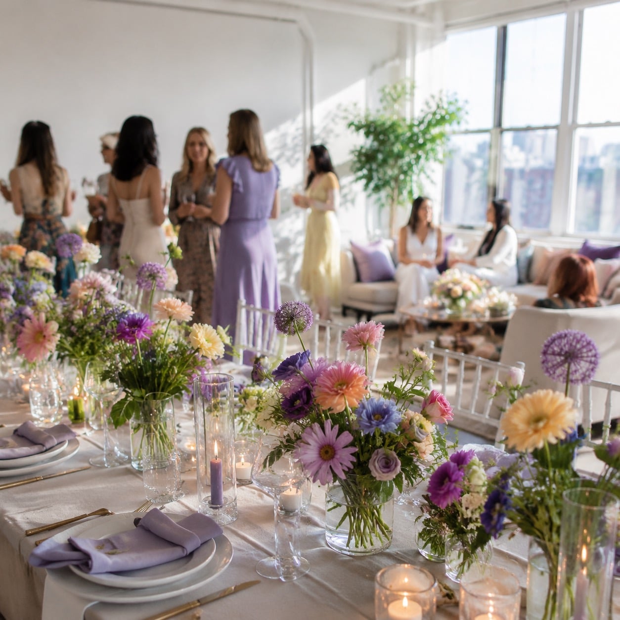 Festlich gedeckte Tafel mit bunten Blumen in heller Eventlocation