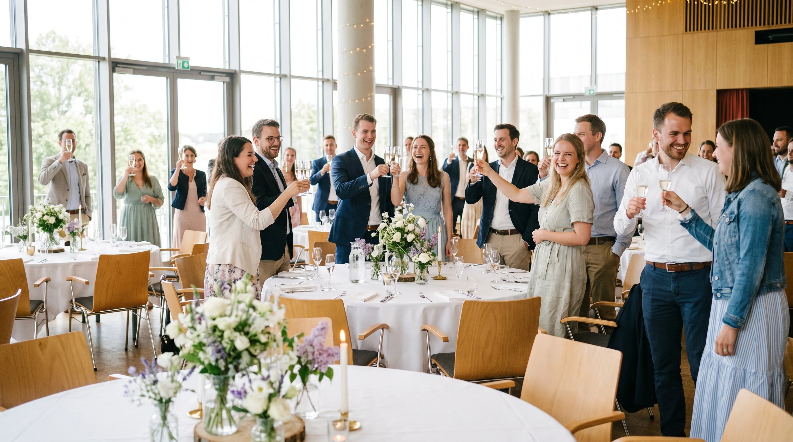 Feiern in Siegburg: Gäste stoßen in einer hellen Eventlocation mit Blumen auf den Tischen an