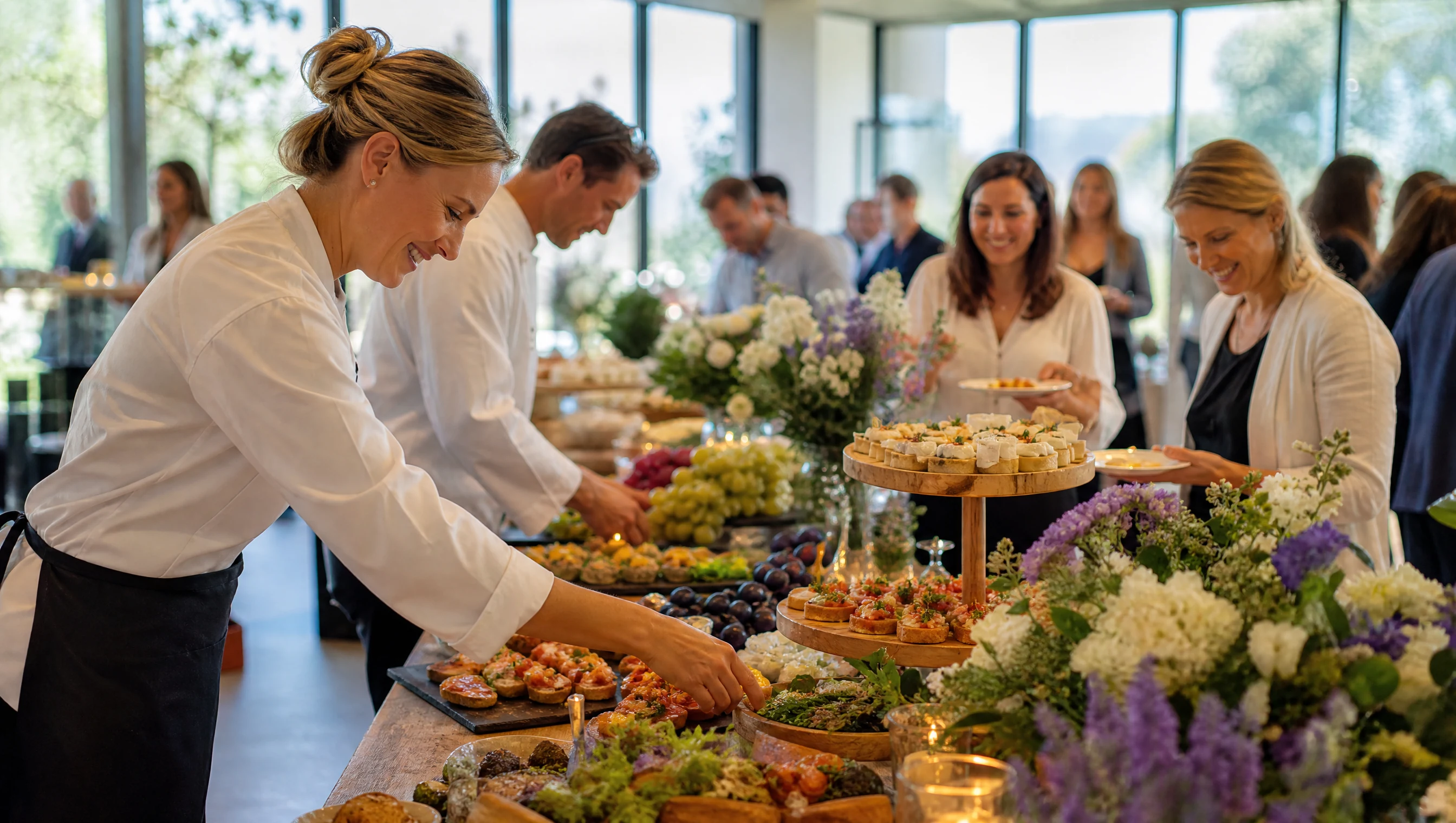 Partyservice Siegburg: Caterer richten ein Fingerfood-Buffet an, Gäste bedienen sich