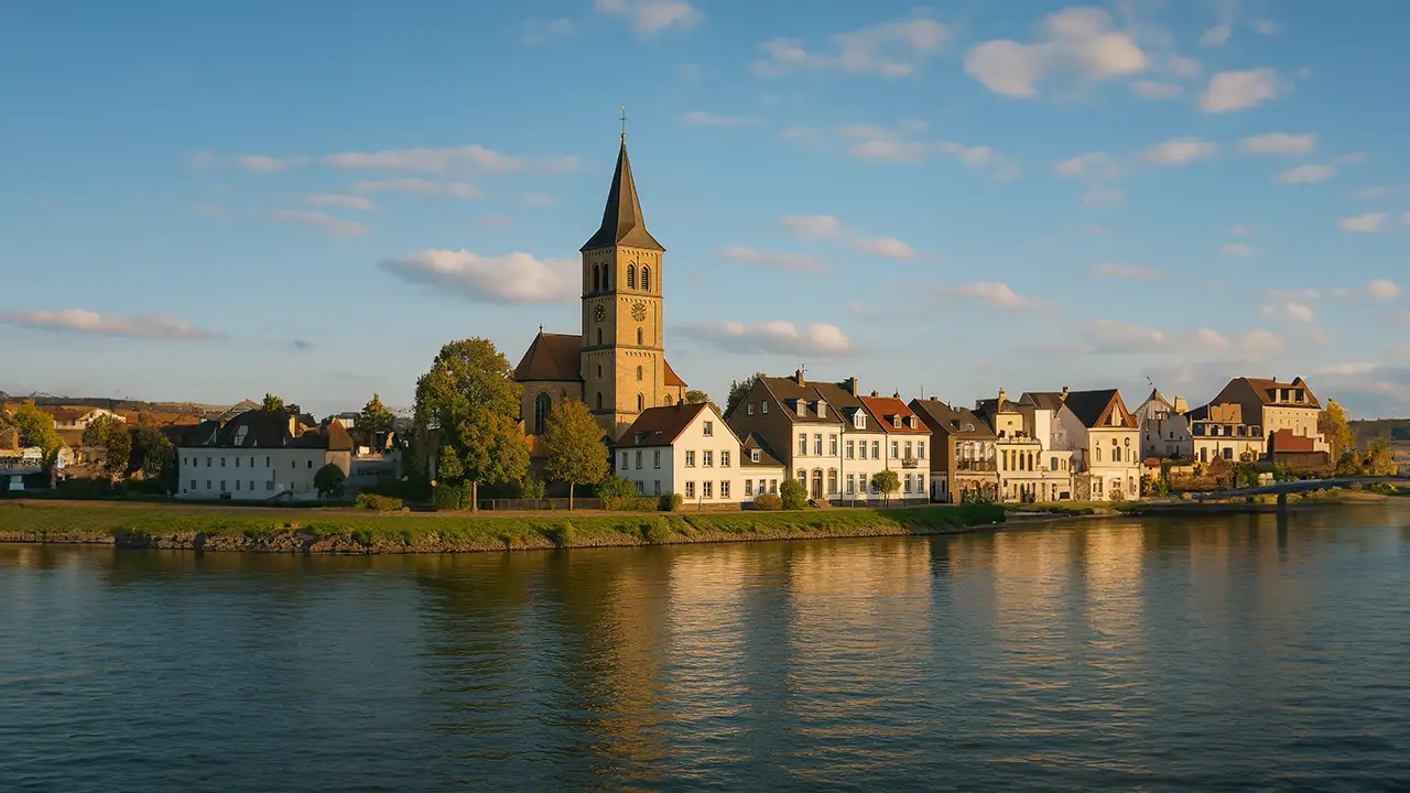 Idyllische Ansicht von Niederkassel am Rhein mit grüner Landschaft
