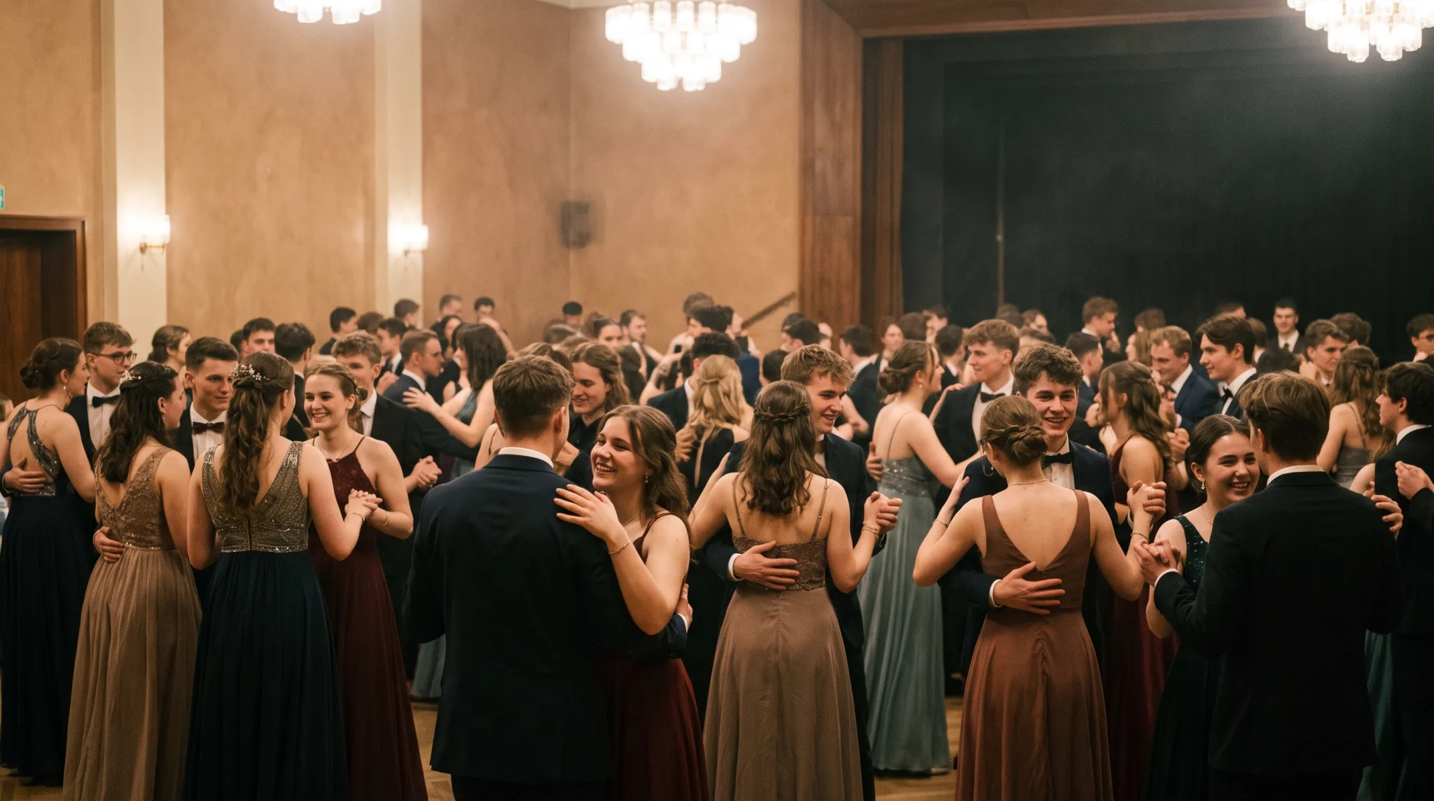 Abiturientinnen und Abiturienten feiern Abiball im festlich dekorierten Saal