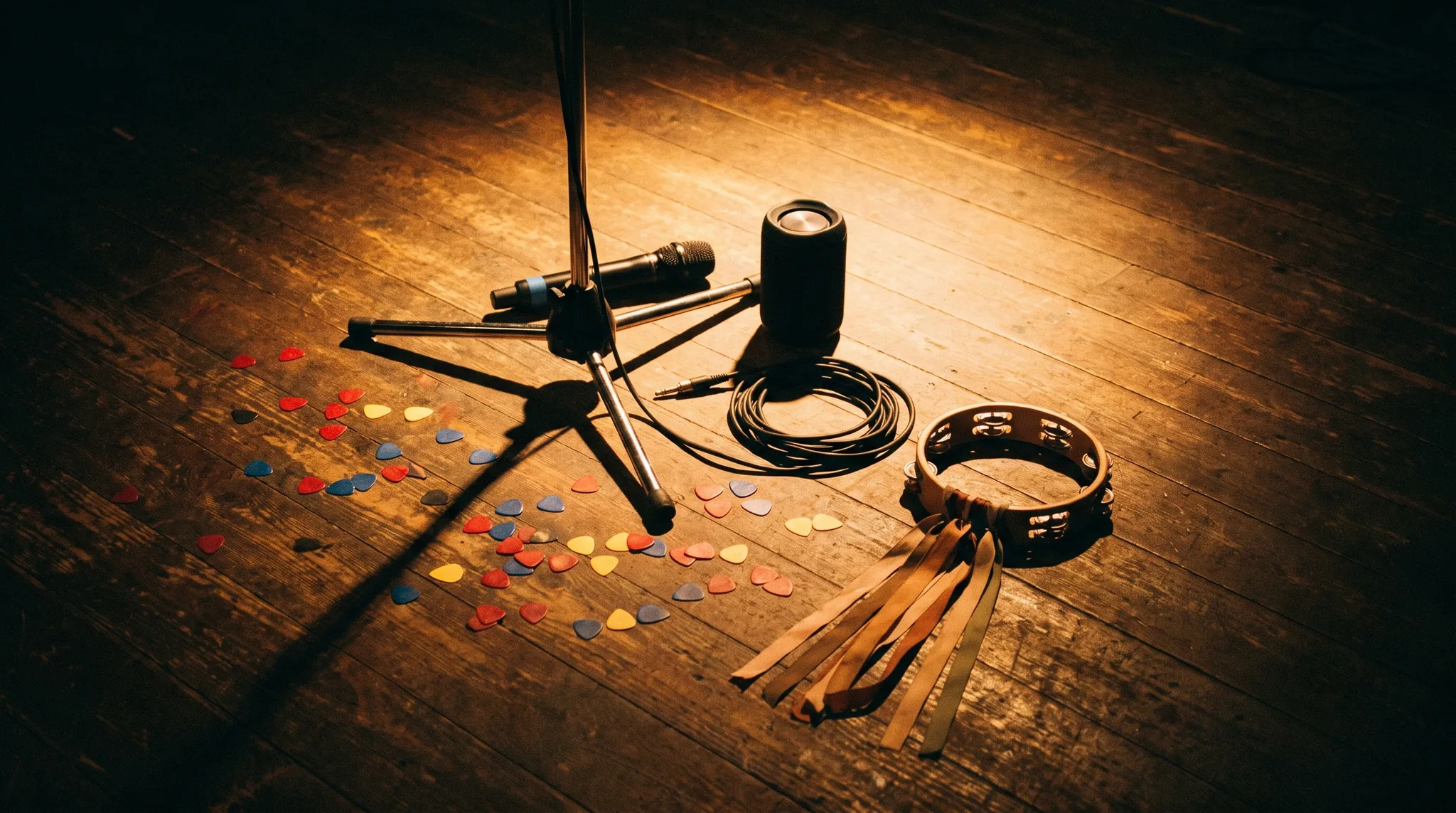 Alleinunterhalter in Köln: Vintage-Mikrofon am Chromständer, Gitarrenkapo auf den Saiten und kleiner In-Ear-Monitor auf dunklem Holzboden im Scheinwerferlicht.
