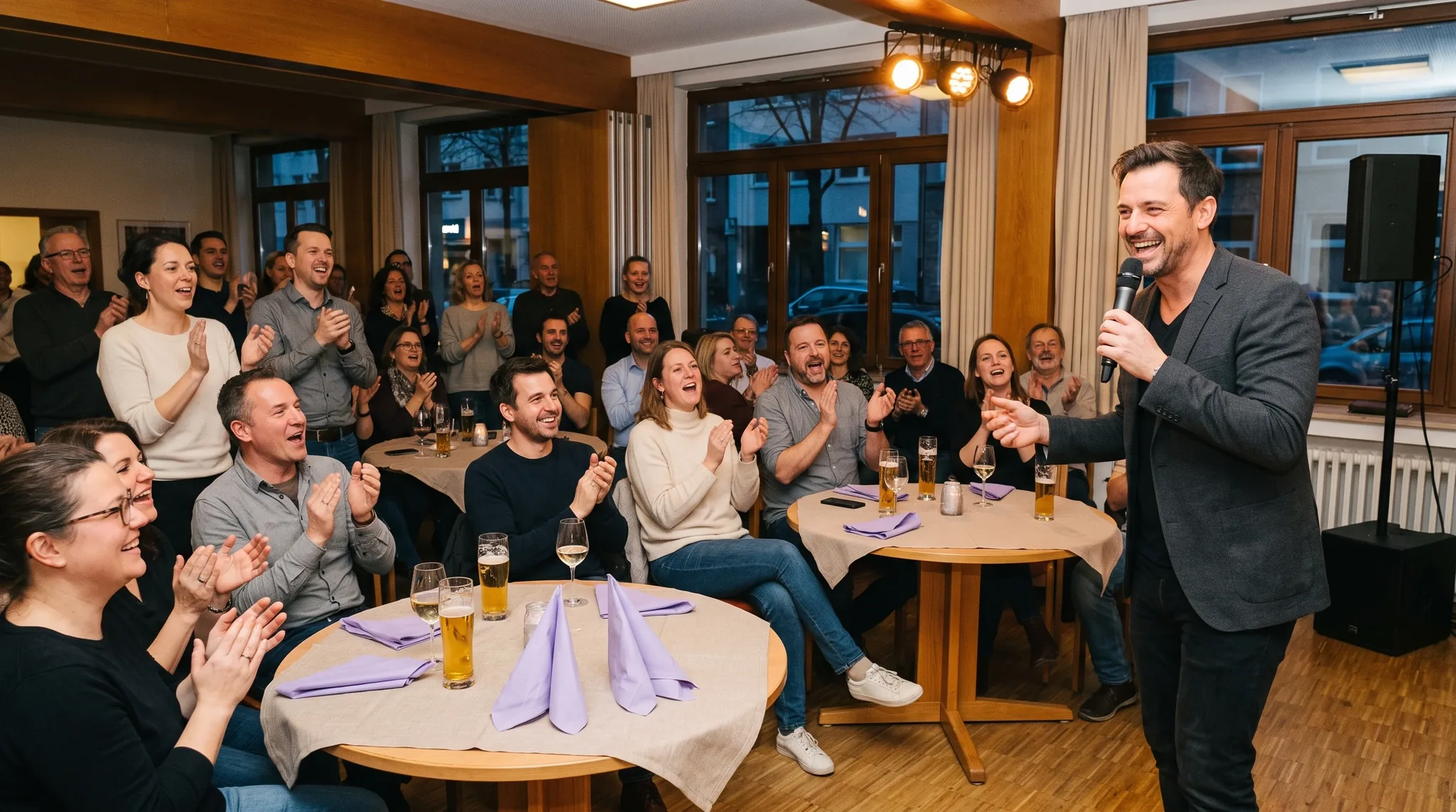 Solomusiker mit Akustikgitarre singt als Alleinunterhalter in Köln in ein Mikrofon auf kleiner Bühne, Gäste klatschen und tanzen im warmen Bühnenlicht.