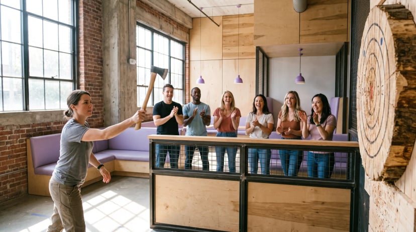 Gruppe beim Axtwerfen in Bonn, eine Frau wirft ein Beil auf die Zielscheibe, Freunde jubeln