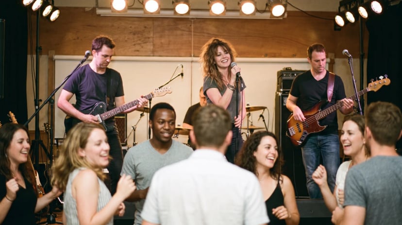 Live-Coverband spielt auf einer Bühne, Gäste tanzen davor