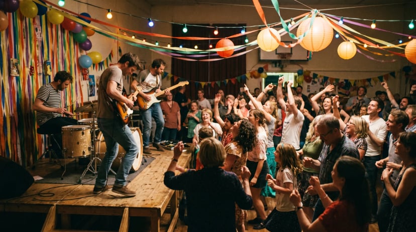 Live-Band spielt bei einem Event in Bonn, Gäste tanzen davor