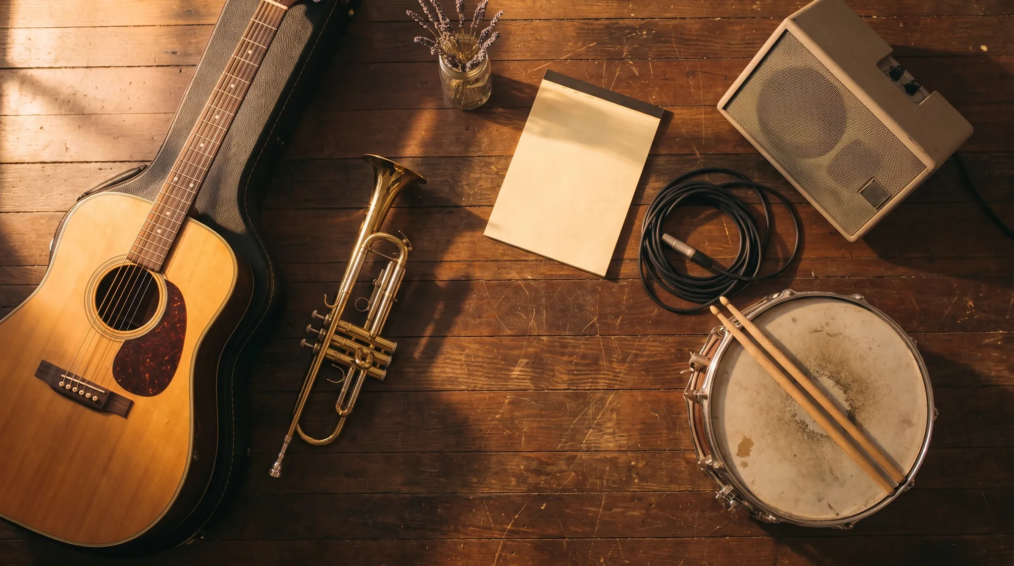 Band in Rheine: Stillleben auf Bühnendielen mit Snare-Drum, Trommelstöcken, Gitarrenkabel, Kapodaster, Saiten.