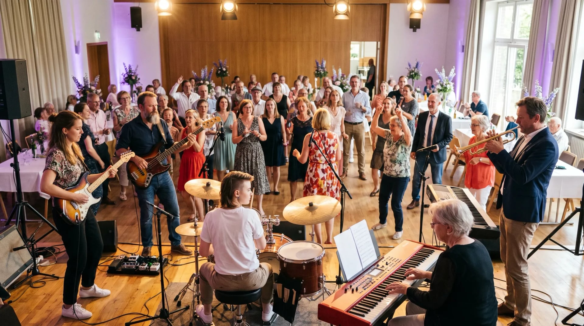 Band Rheine: vier Musiker mit Sängerin, Gitarrist, Bassist und Schlagzeuger spielen energetisch auf einer Bühne, Gäste tanzen und lachen im Vordergrund.