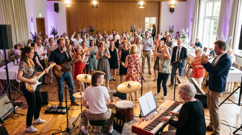 Band Rheine: vier Musiker mit Sängerin, Gitarrist, Bassist und Schlagzeuger spielen energetisch auf einer Bühne, Gäste tanzen und lachen im Vordergrund.