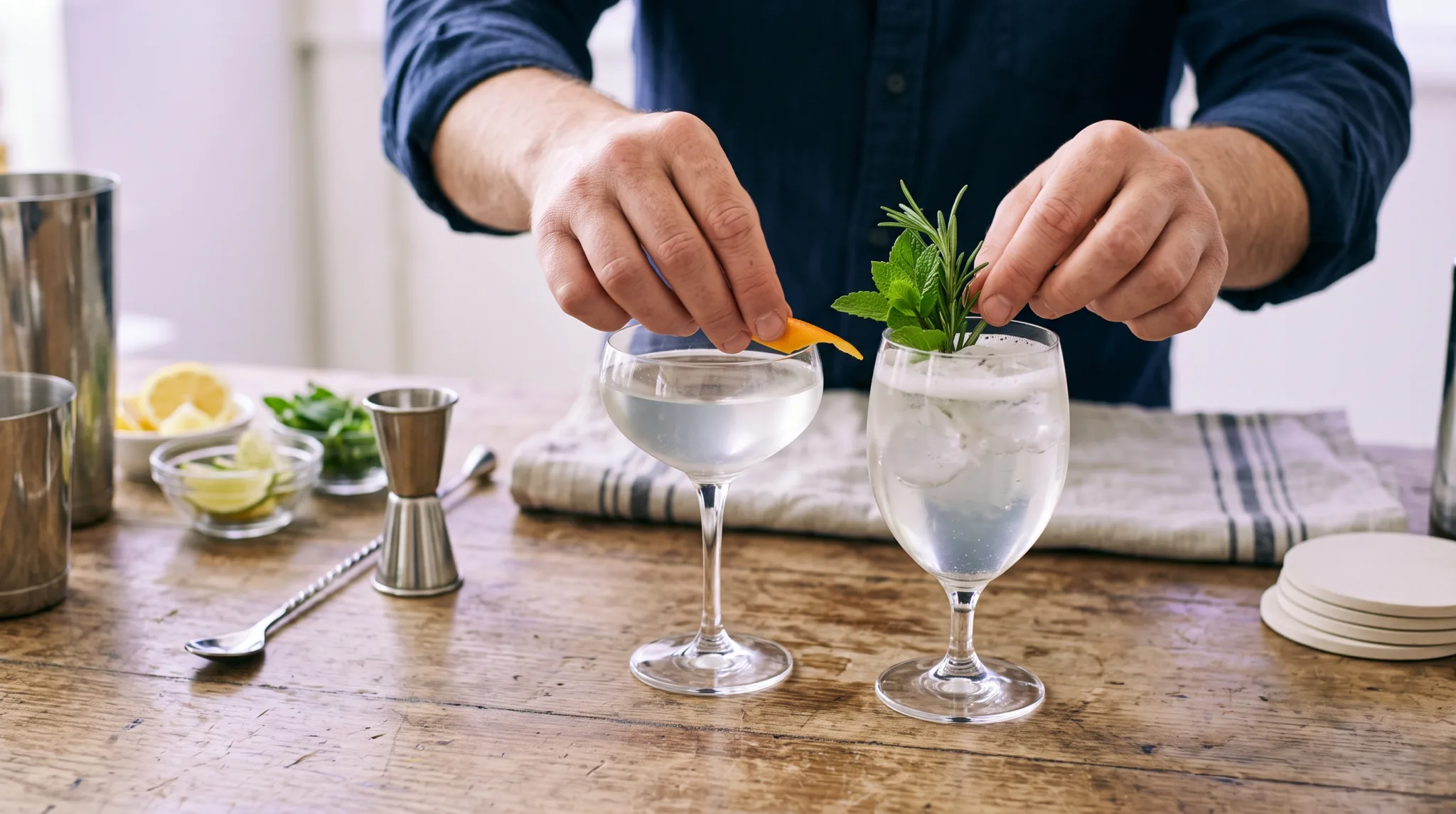 Hände eines Barkeepers garnieren zwei Cocktails an der Theke
