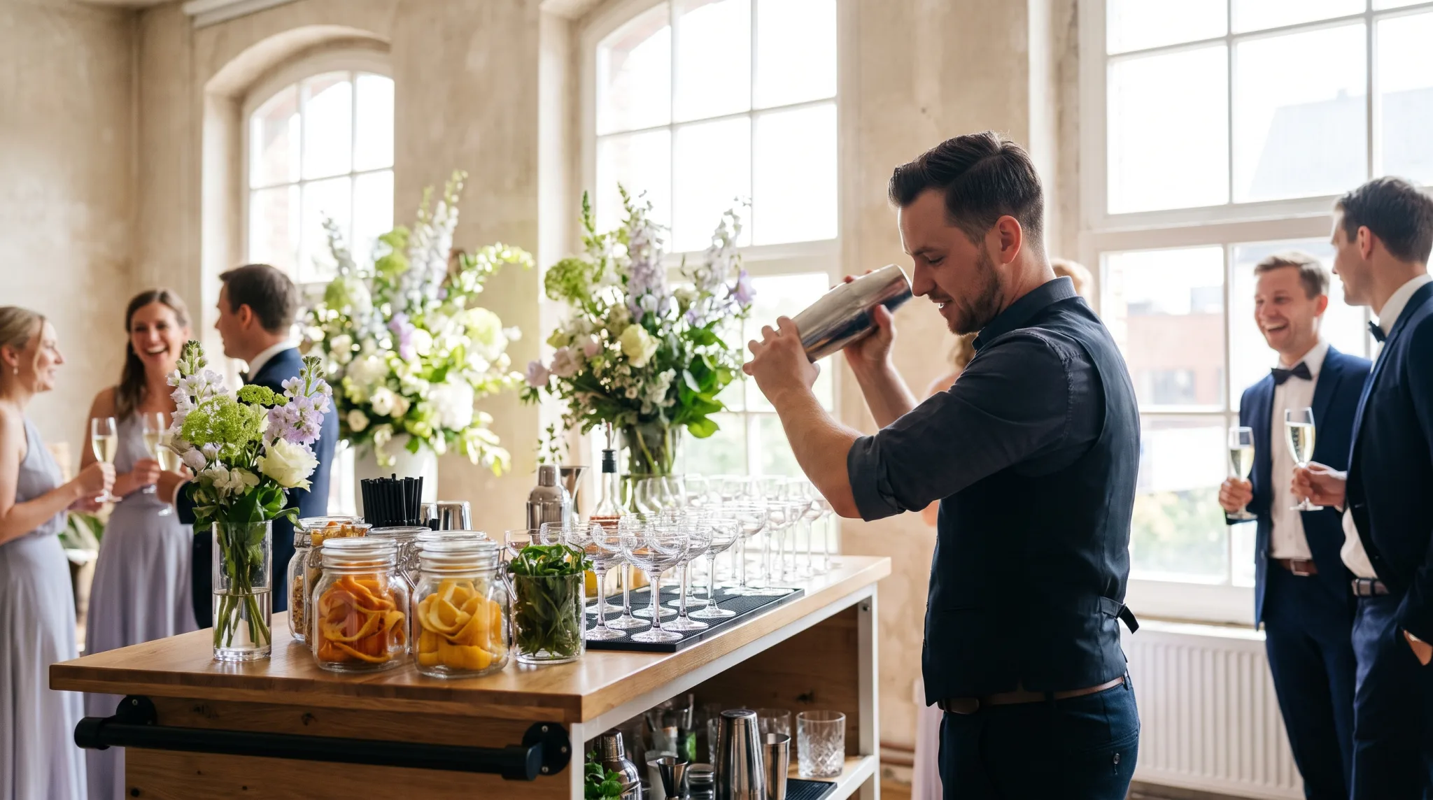Barkeeper mixt Cocktails an einer mobilen Bar bei einem Event in Köln