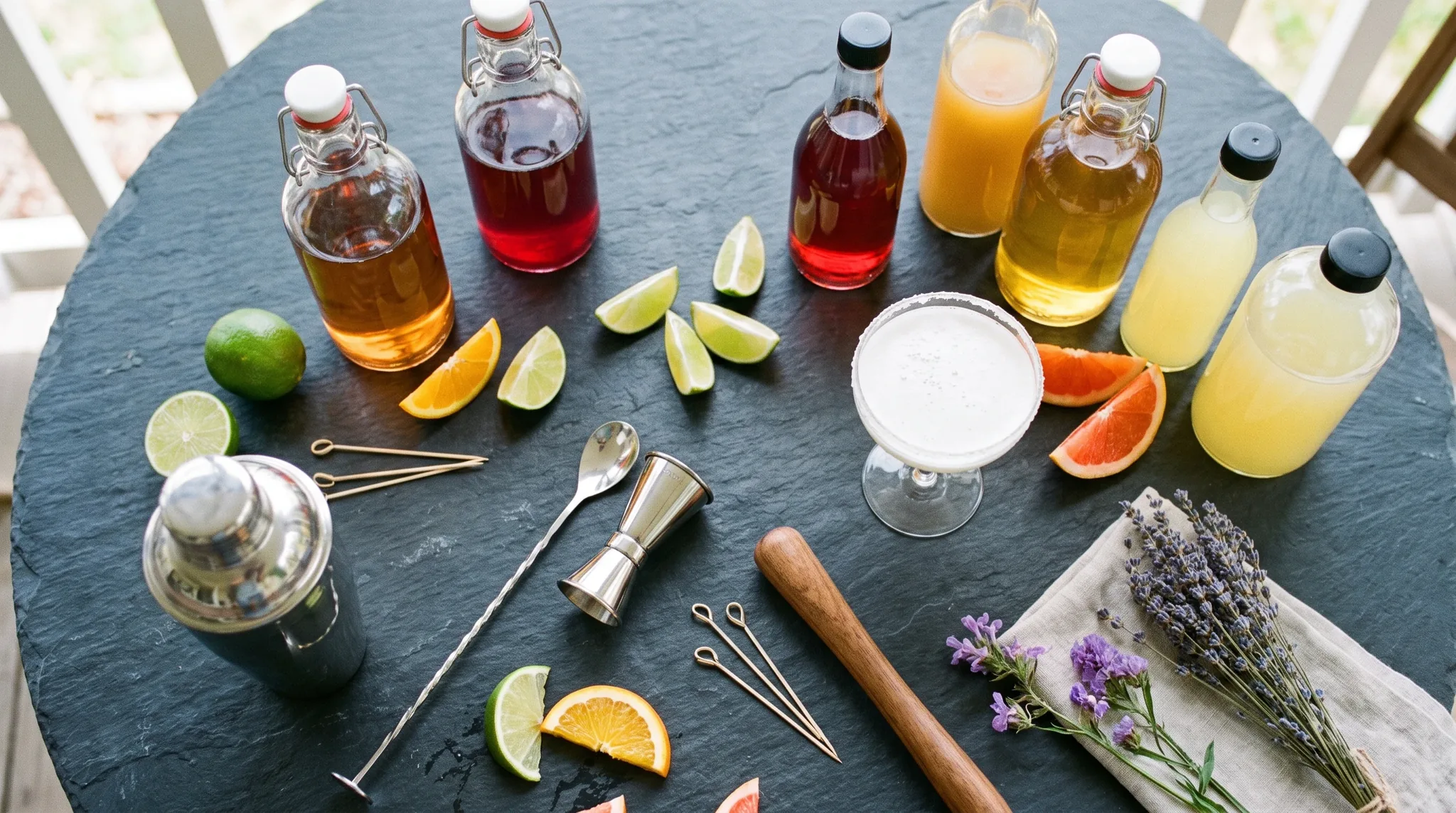 Barkeeper in Neuwied: Stillleben mit Highball-Gläsern, poliertem Cocktailshaker, Jigger, Barlöffel, Zitrusscheiben und frischen Kräutern auf dunklem Marmor.