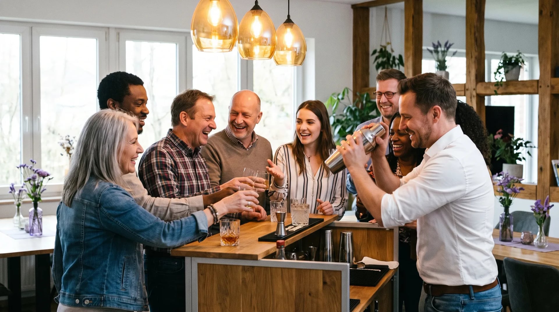 Barkeeper Neuwied: Bartender in weißem Hemd schüttelt Cocktailshaker hinter einer mobilen Bar, während eine fröhliche Gruppe Gäste mit leeren Gläsern zuprosten.
