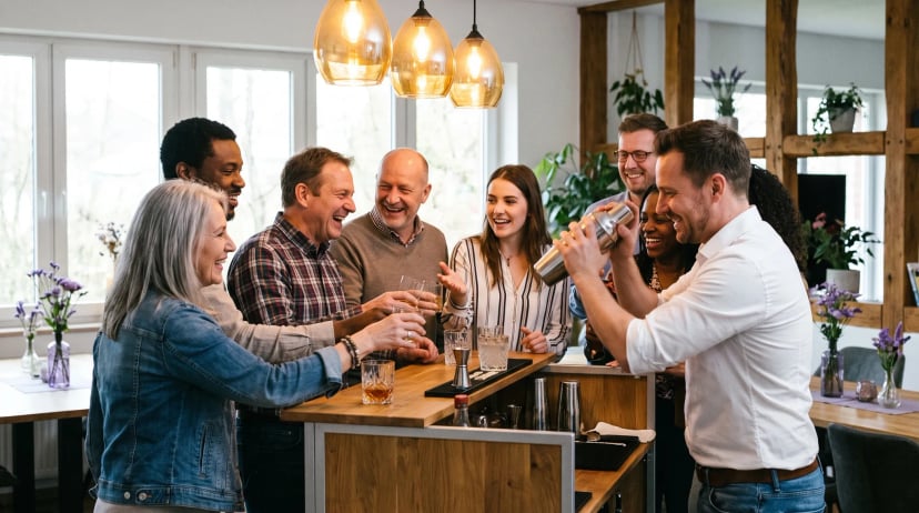 Barkeeper Neuwied: Bartender in weißem Hemd schüttelt Cocktailshaker hinter einer mobilen Bar, während eine fröhliche Gruppe Gäste mit leeren Gläsern zuprosten.