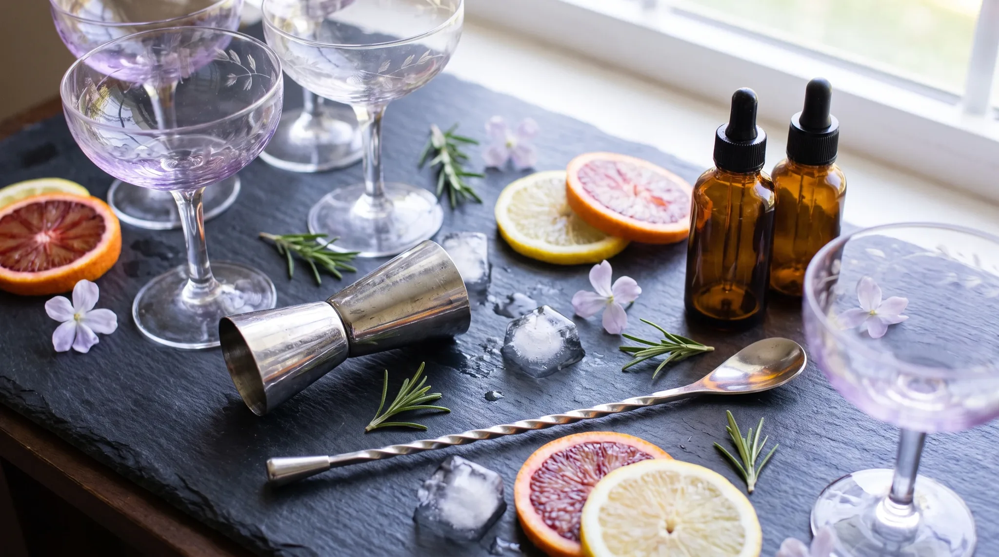 Barkeeper in Schwabach: Flatlay mit Mischgläsern, Jigger, Barlöffel, Zitrusscheiben, Eiswürfeln und Bitters auf dunklem Schiefer, stimmungsvolles Licht.