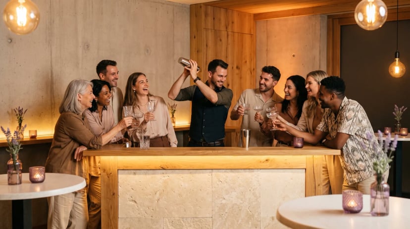 Barkeeper Schwabach: Bartender schüttelt Cocktailshaker hinter polierter Holzbar, Gäste heben lachend die Gläser bei einer abendlichen Feier.