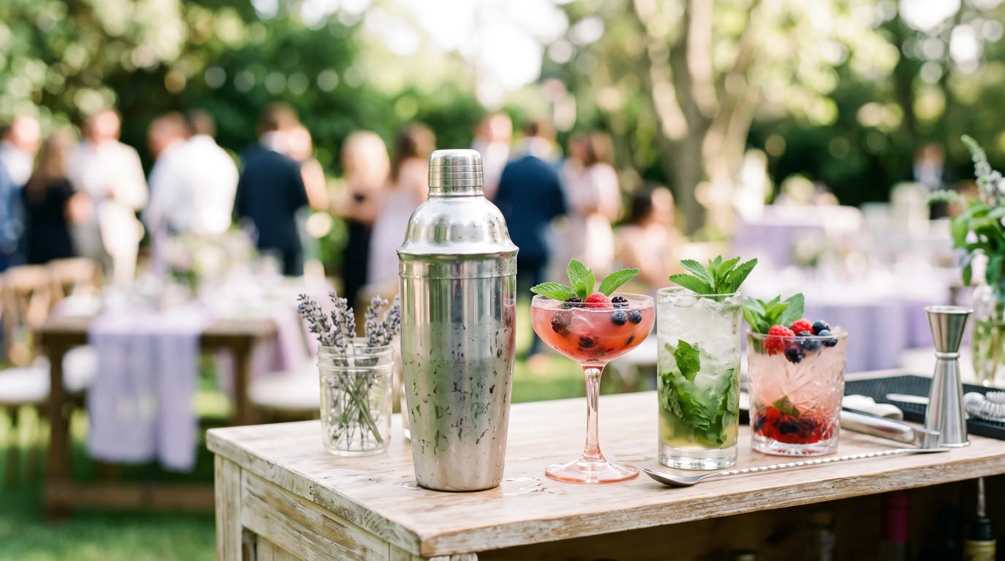 Shaker und frisch garnierte Cocktailgläser auf einer mobilen Bar