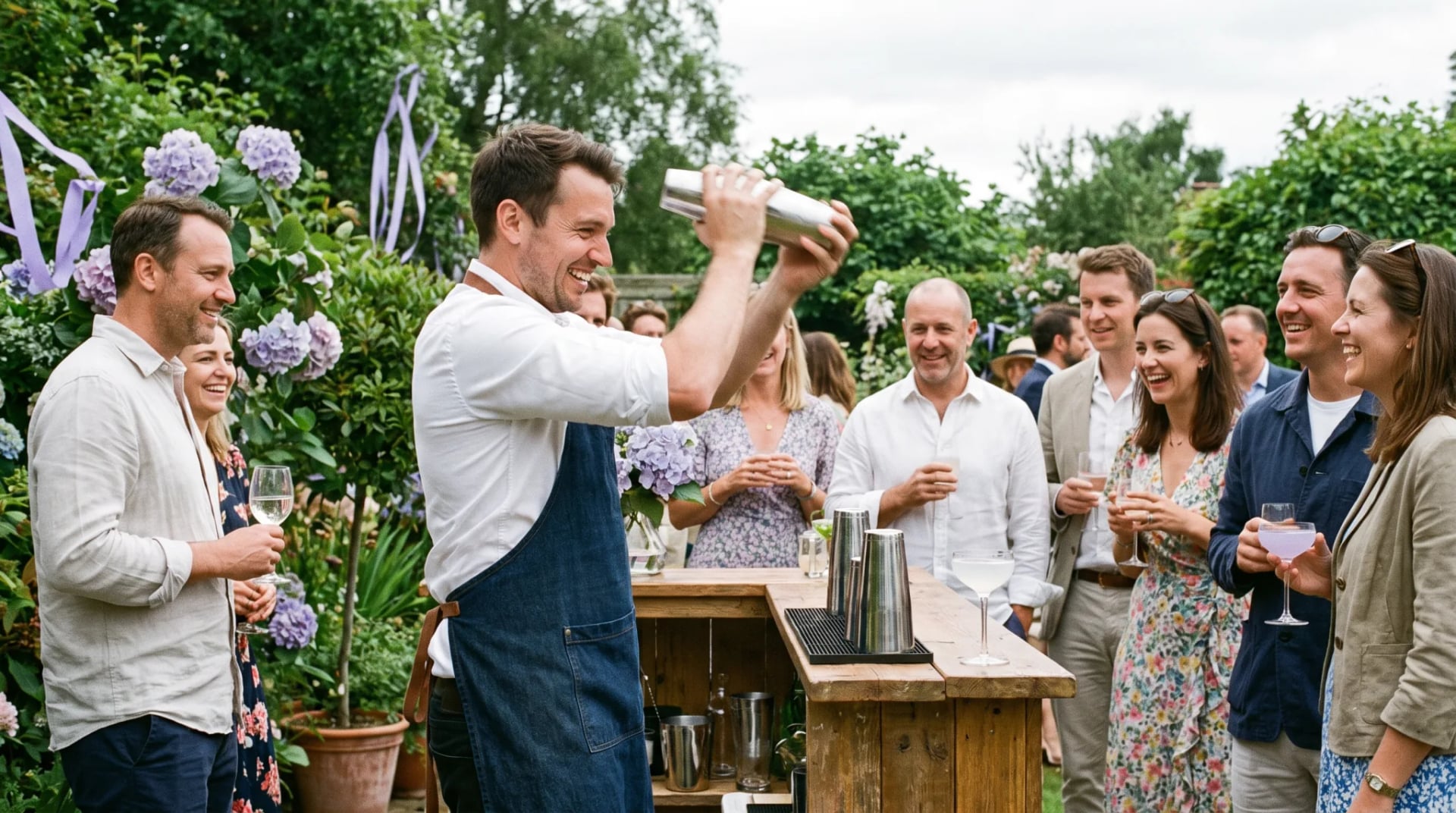 Mobiler Barkeeper shakert einen Cocktail vor Gästen bei einer Gartenfeier in Siegburg