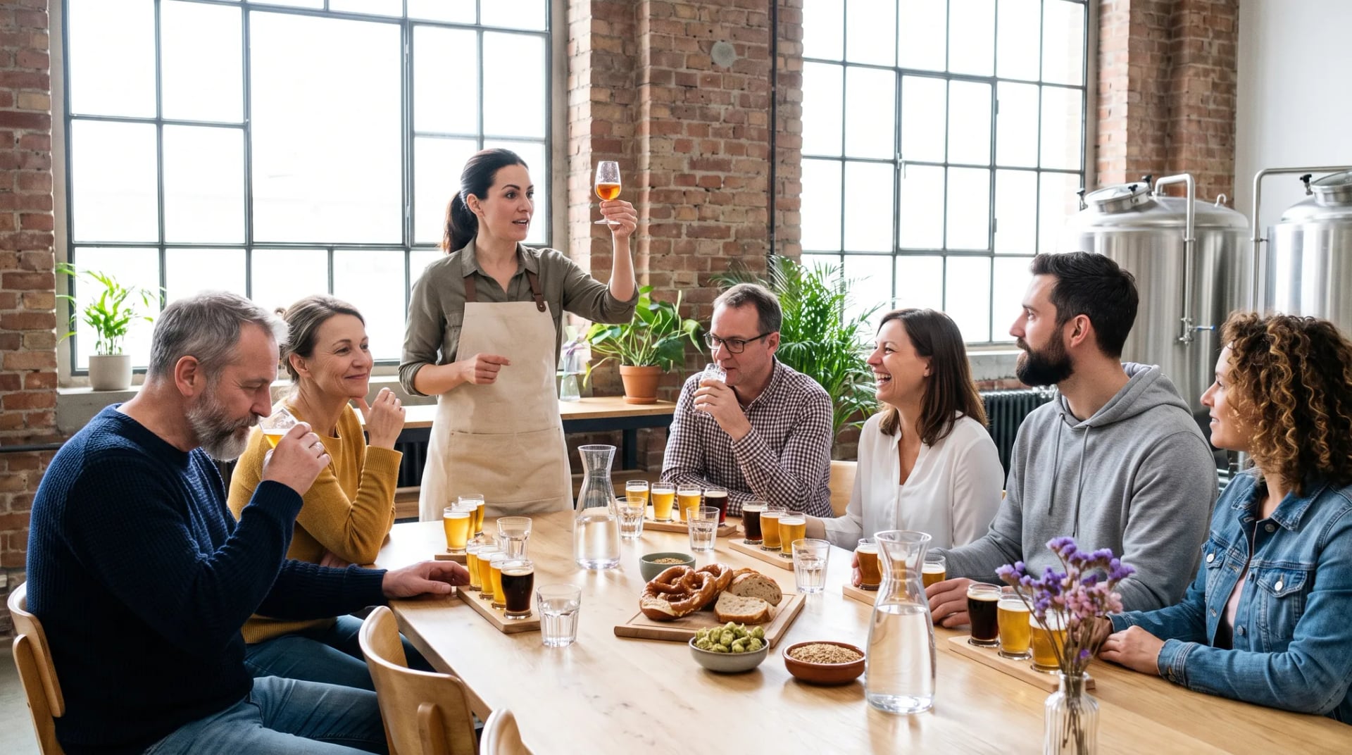 Bier-Tasting in einer hellen Brauerei: Eine Biersommelière hält ein Probierglas ins Licht, sieben Gäste probieren Biere von hell bis dunkel, auf dem Tisch Wasserkaraffen, Brezeln, Brot, Hopfen und Malz