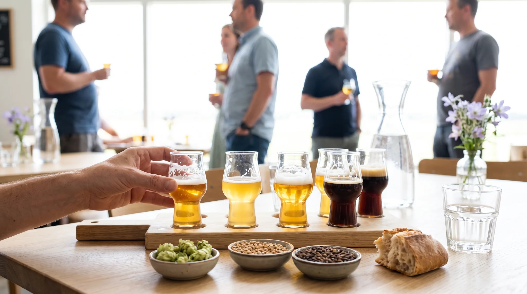 Bier-Tasting auf dem Probierbrett: sechs kleine Gläser von Pils bis Stout, davor Hopfendolden, helles und dunkles Malz, Brot und ein Glas Wasser