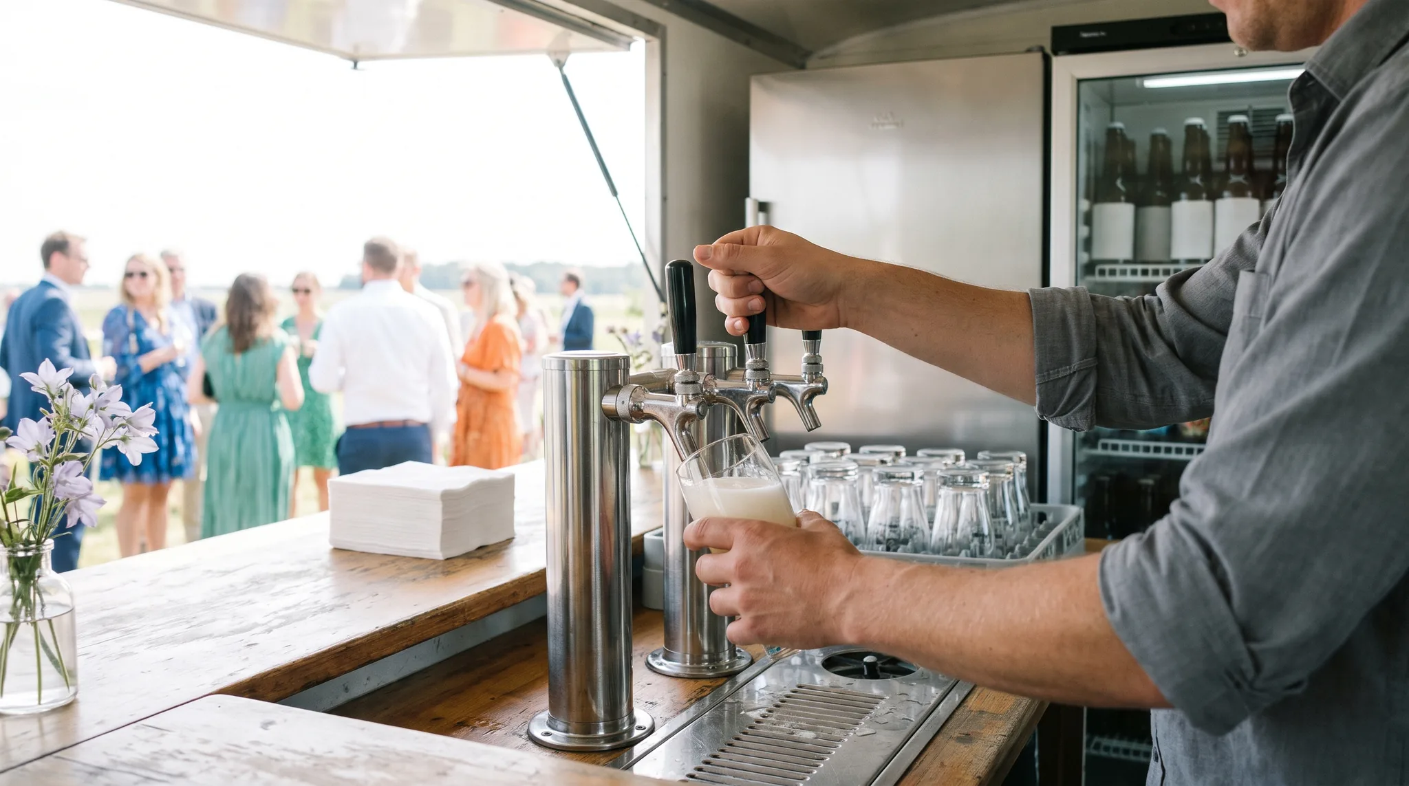 Bierwagen mieten Detail: Hände zapfen frisches Bier aus einem Zapfhahn in ein Glas auf der Holztheke im Wagen, dahinter ein Kühlschrank