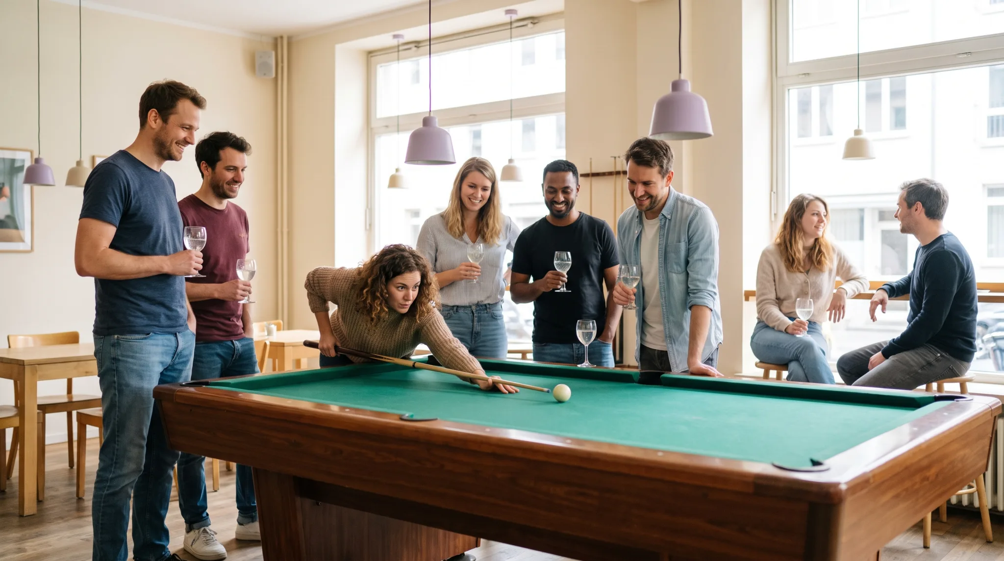 Freundesgruppe spielt Poolbillard in einem Billardcafé in Bonn