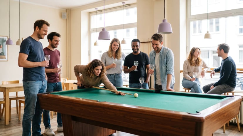 Freundesgruppe spielt Poolbillard in einem Billardcafé in Bonn