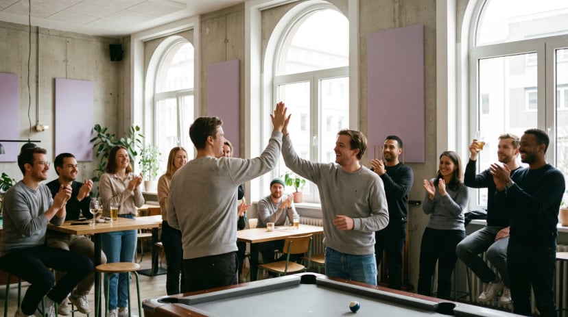 Freundesgruppe spielt Poolbillard in einem Billardsalon in Düsseldorf, einer stößt an
