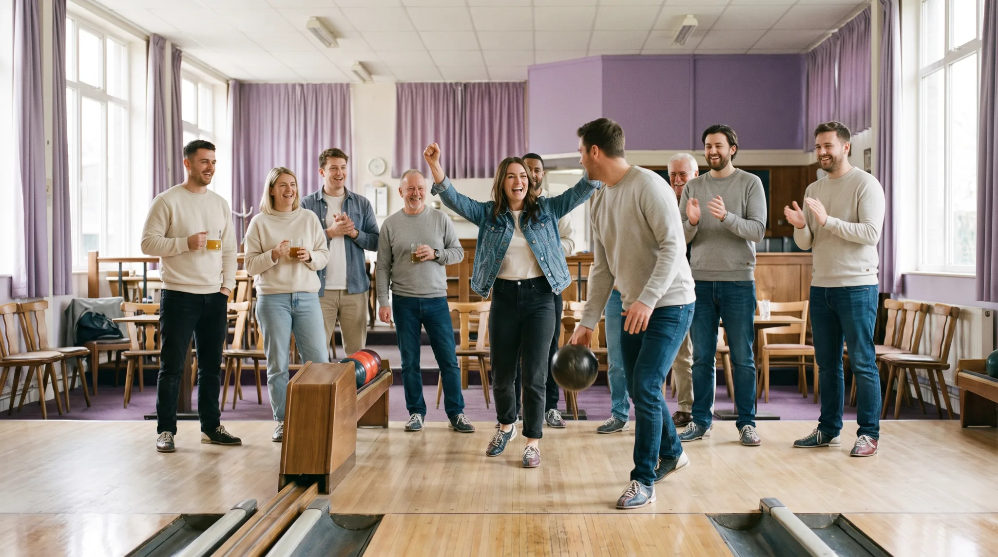 Gruppe feiert gemeinsam beim Bowling in Siegburg, eine Spielerin wirft gerade die Kugel