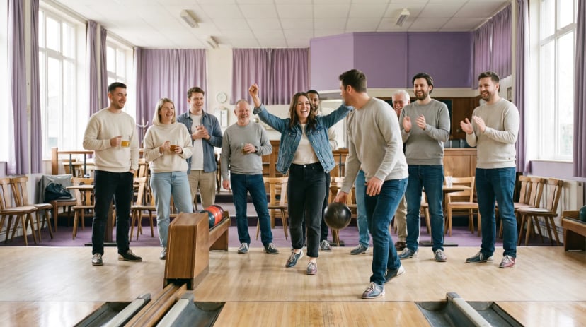 Gruppe feiert gemeinsam beim Bowling in Siegburg, eine Spielerin wirft gerade die Kugel