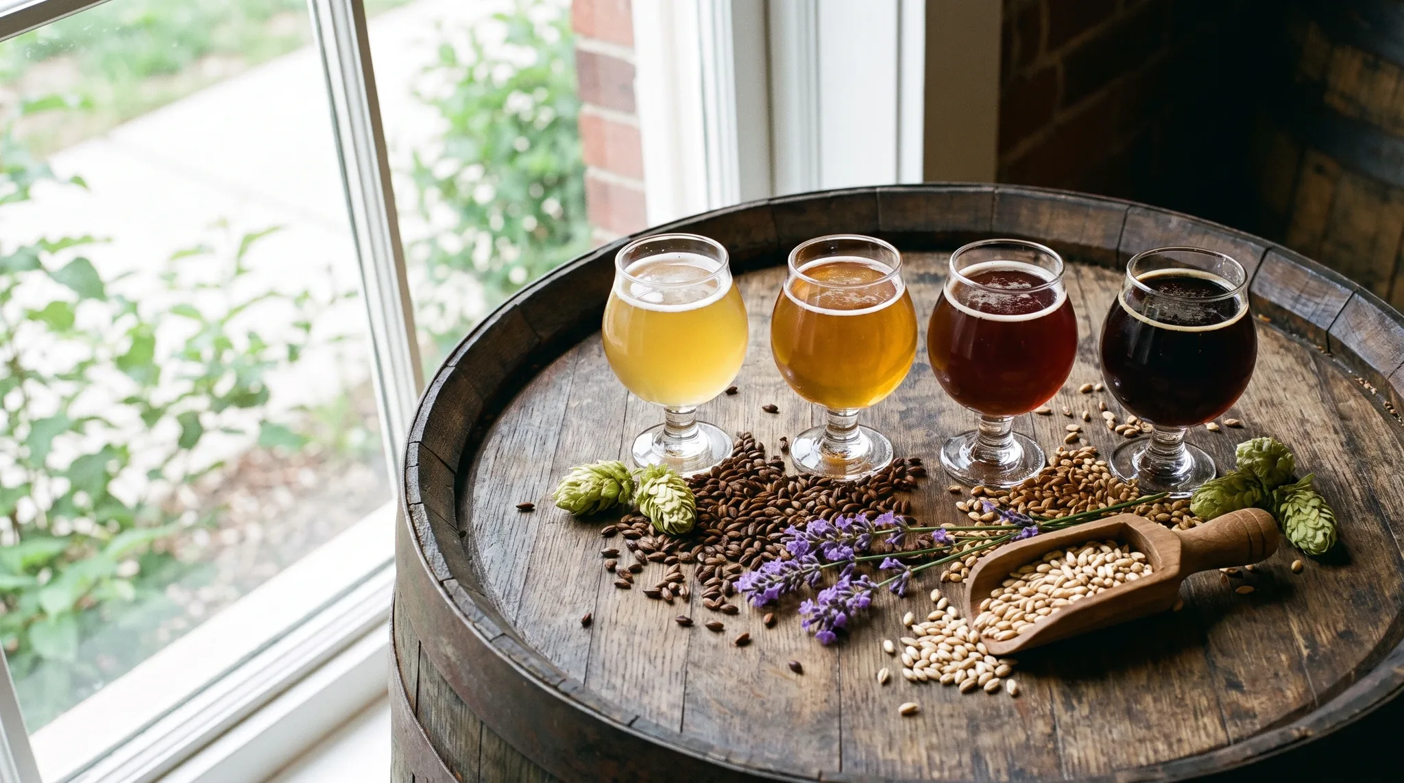 Brauhaustour-Stillleben: drei Keramikkrüge mit goldenem Bier auf einem Holzfass, umgeben von Hopfendolden, Gerstenkörnern und Weizenähren.