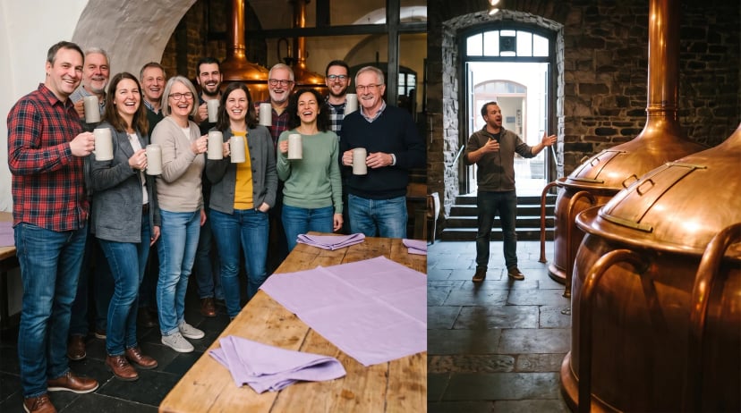 Brauhaustour Köln: Gruppe von zwölf Erwachsenen mit Tourguide vor kupfernen Braukesseln in einer Kölner Brauerei, Kostproben in kleinen Gläsern.