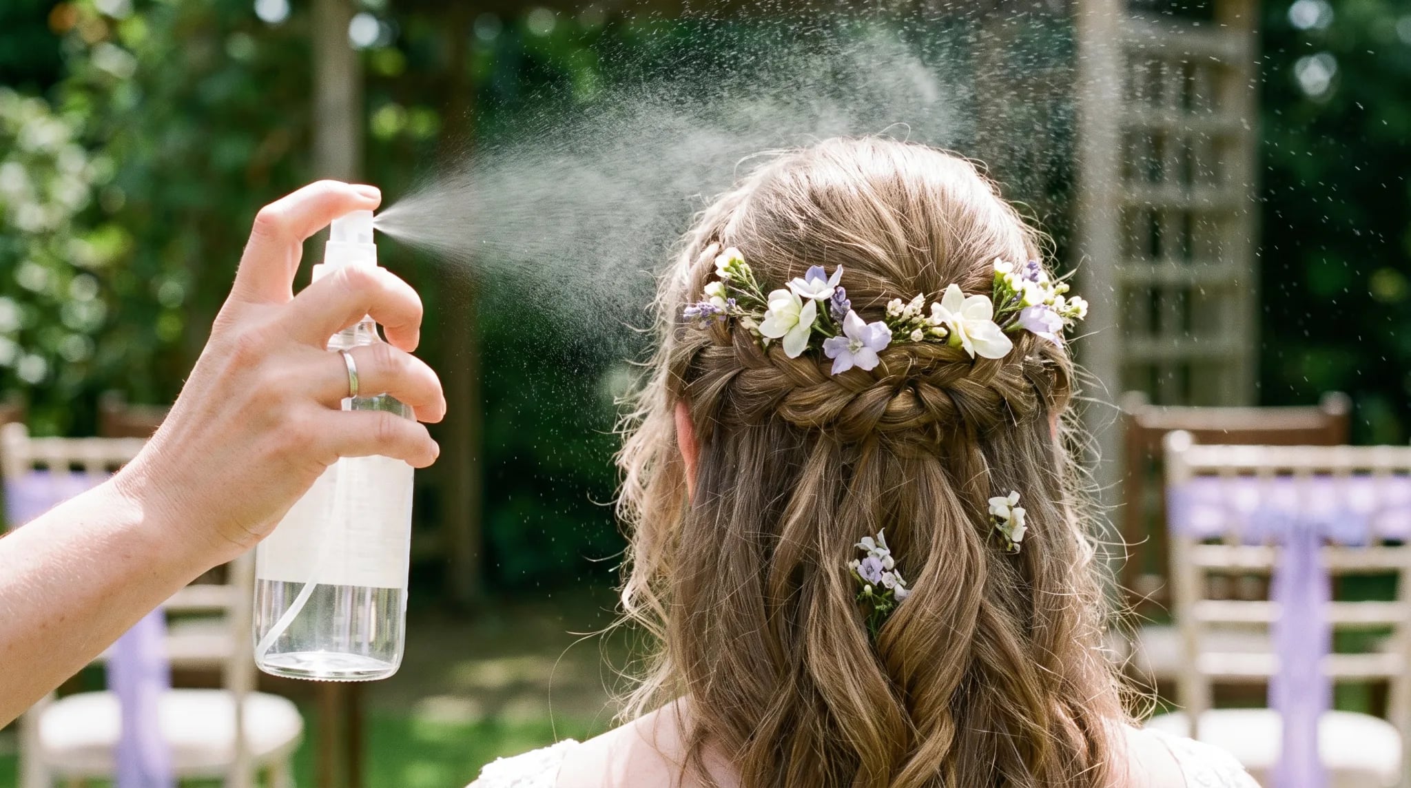 Halboffene Brautfrisur mit hellen Blüten wird beim Brautstyling in Bonn fixiert
