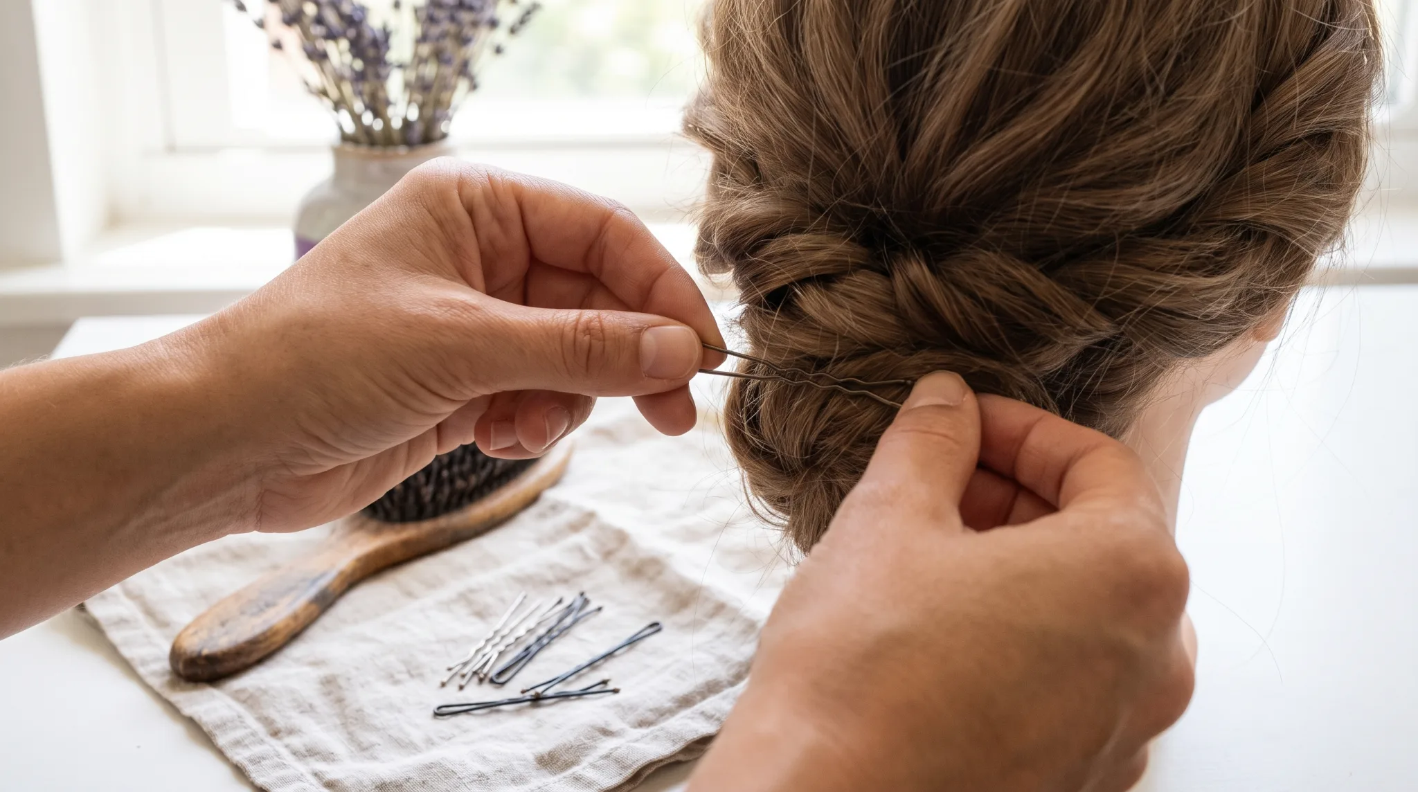Hände einer Brautstylistin stecken eine Haarnadel in eine weiche Hochsteckfrisur