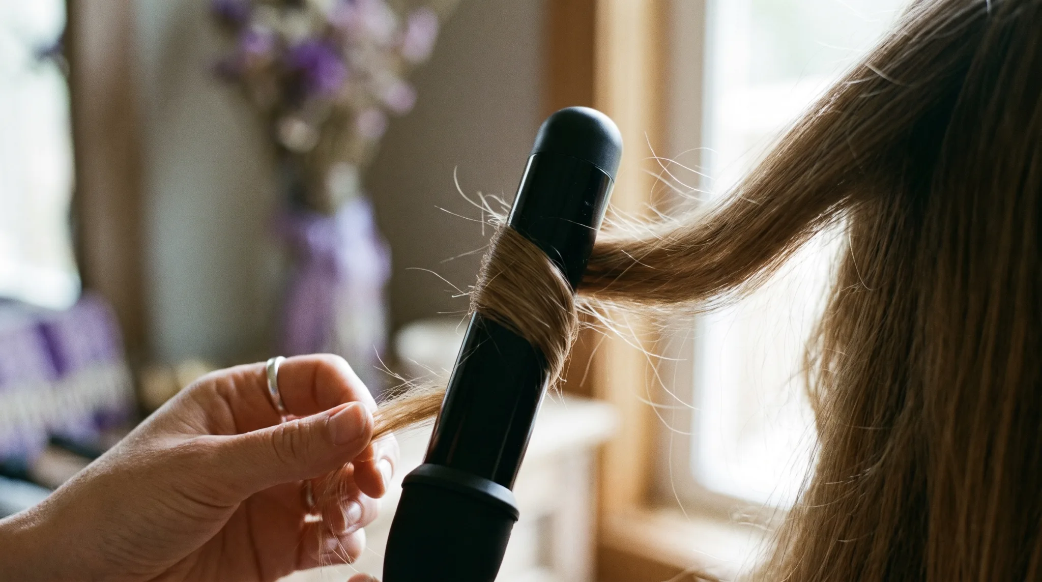 Lockenstab formt eine weiche Welle beim Brautstyling in Düsseldorf