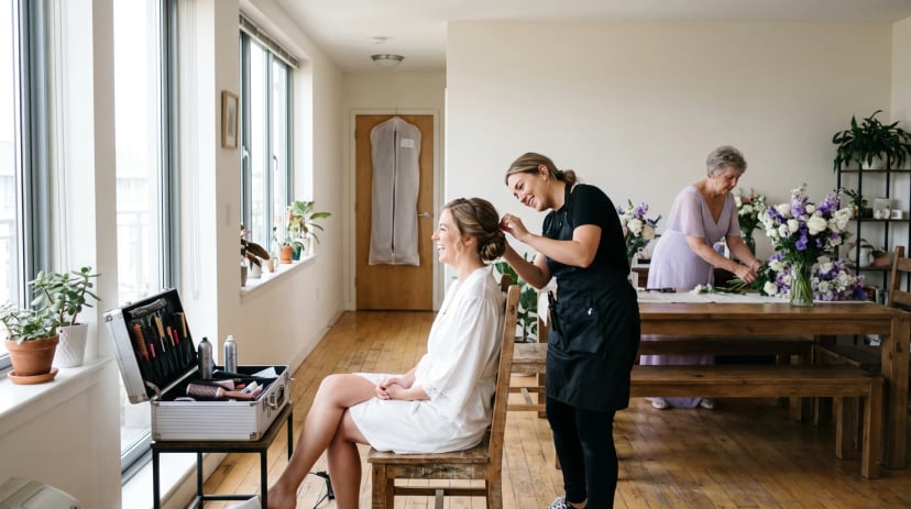 Brautstyling in Düsseldorf: Stylistin steckt die Frisur, im Hintergrund richtet eine Angehörige die Blumen