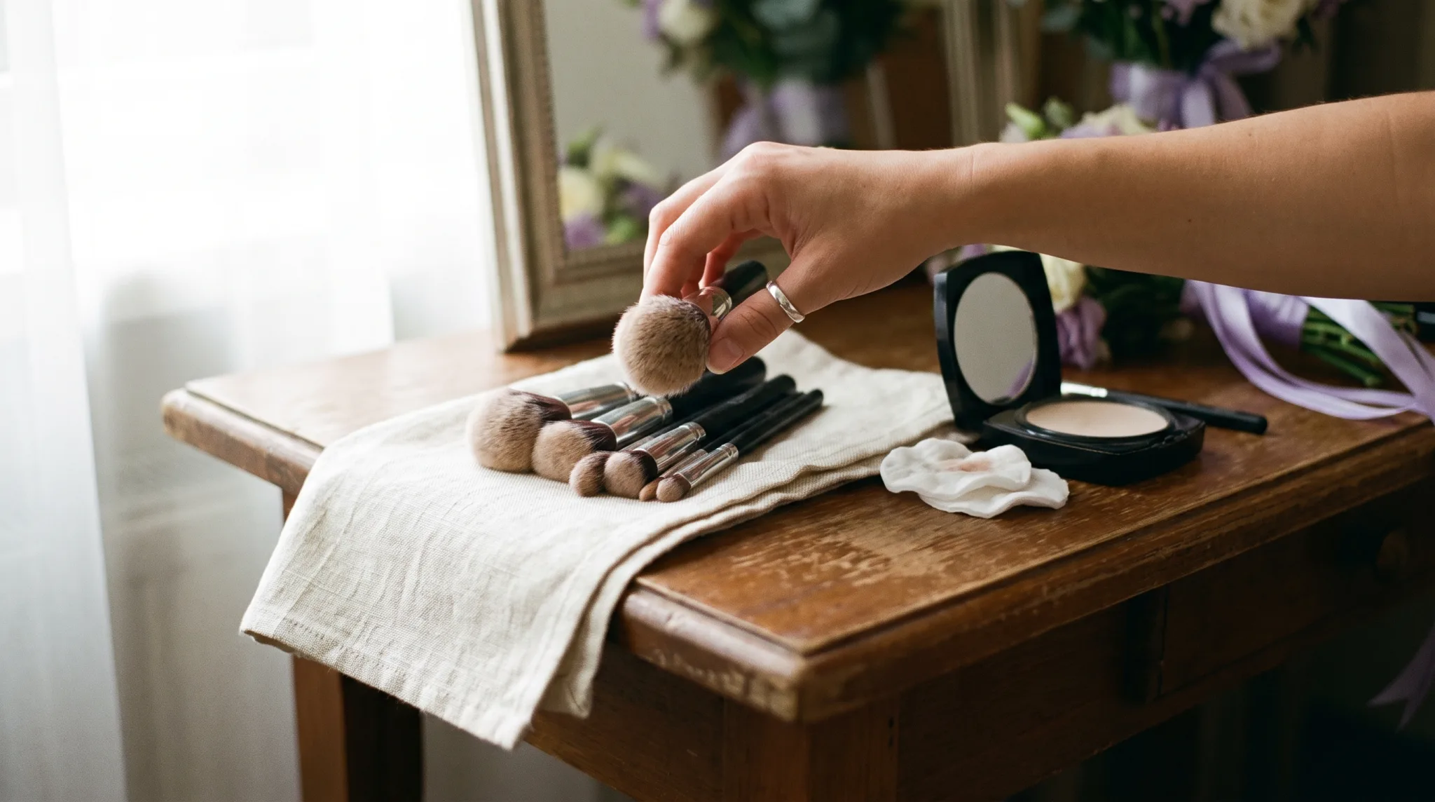 Make-up-Pinsel und Puderdose auf einem Holztisch beim Brautstyling in Köln