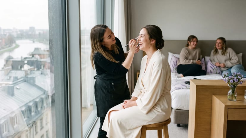 Brautstyling in Köln: Visagistin schminkt die Braut am Fenster eines hellen Hotelzimmers