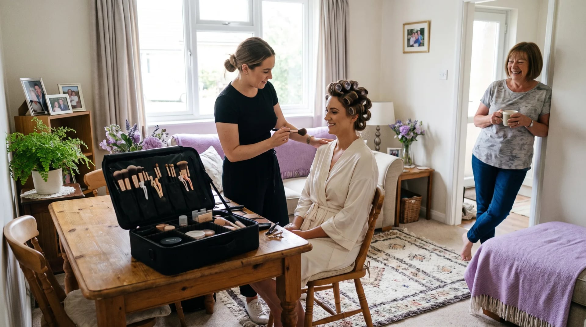Brautstyling in Siegburg: Stylistin arbeitet mit geöffnetem Koffer im Wohnzimmer der Braut