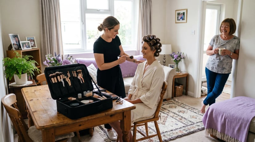 Brautstyling in Siegburg: Stylistin arbeitet mit geöffnetem Koffer im Wohnzimmer der Braut