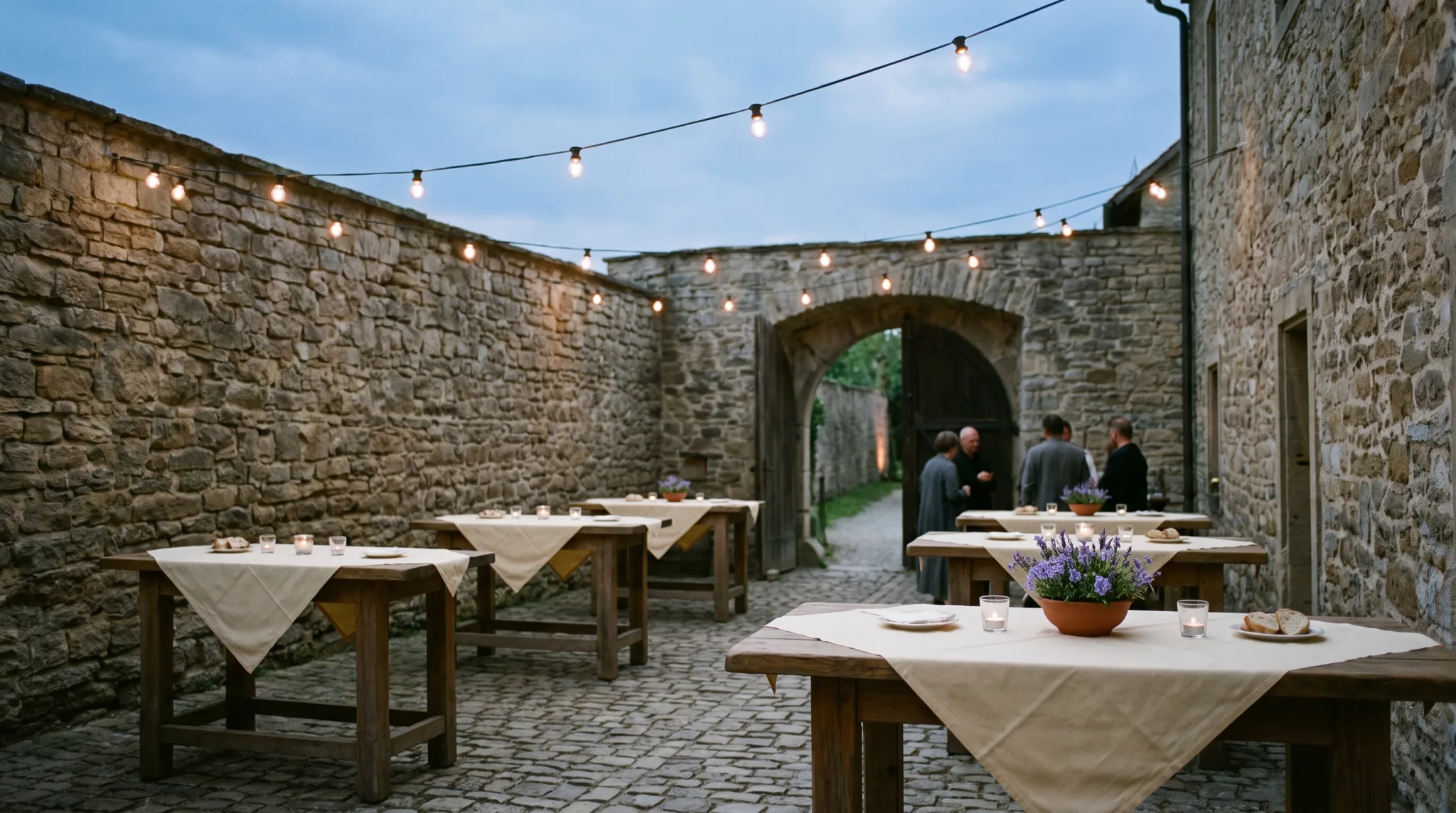 Innenhof einer Burg mit Bruchsteinmauern, Torbogen und Stehtischen am Abend