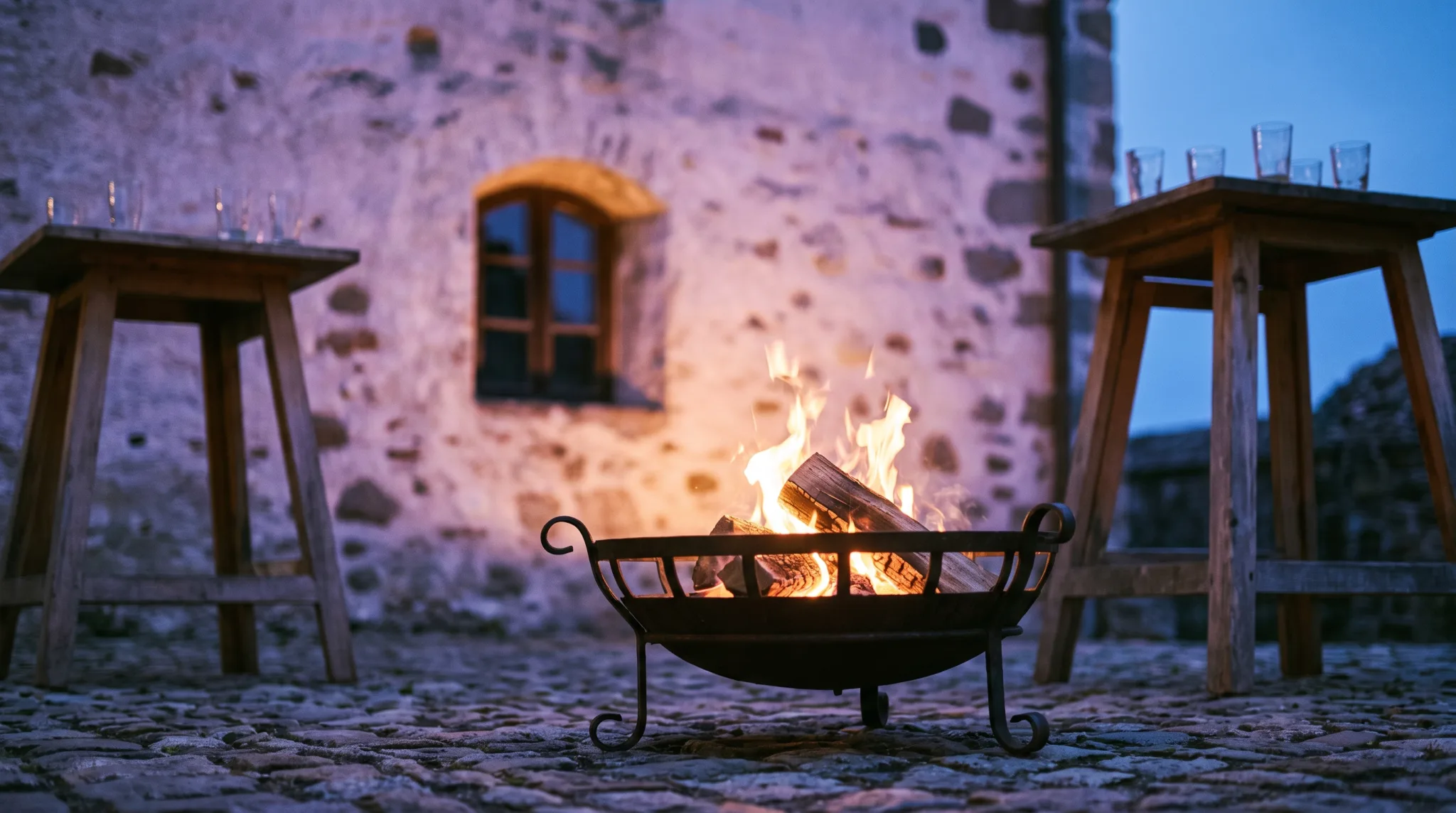 Feuerschale im Innenhof einer Burg im Düsseldorfer Umland am Abend